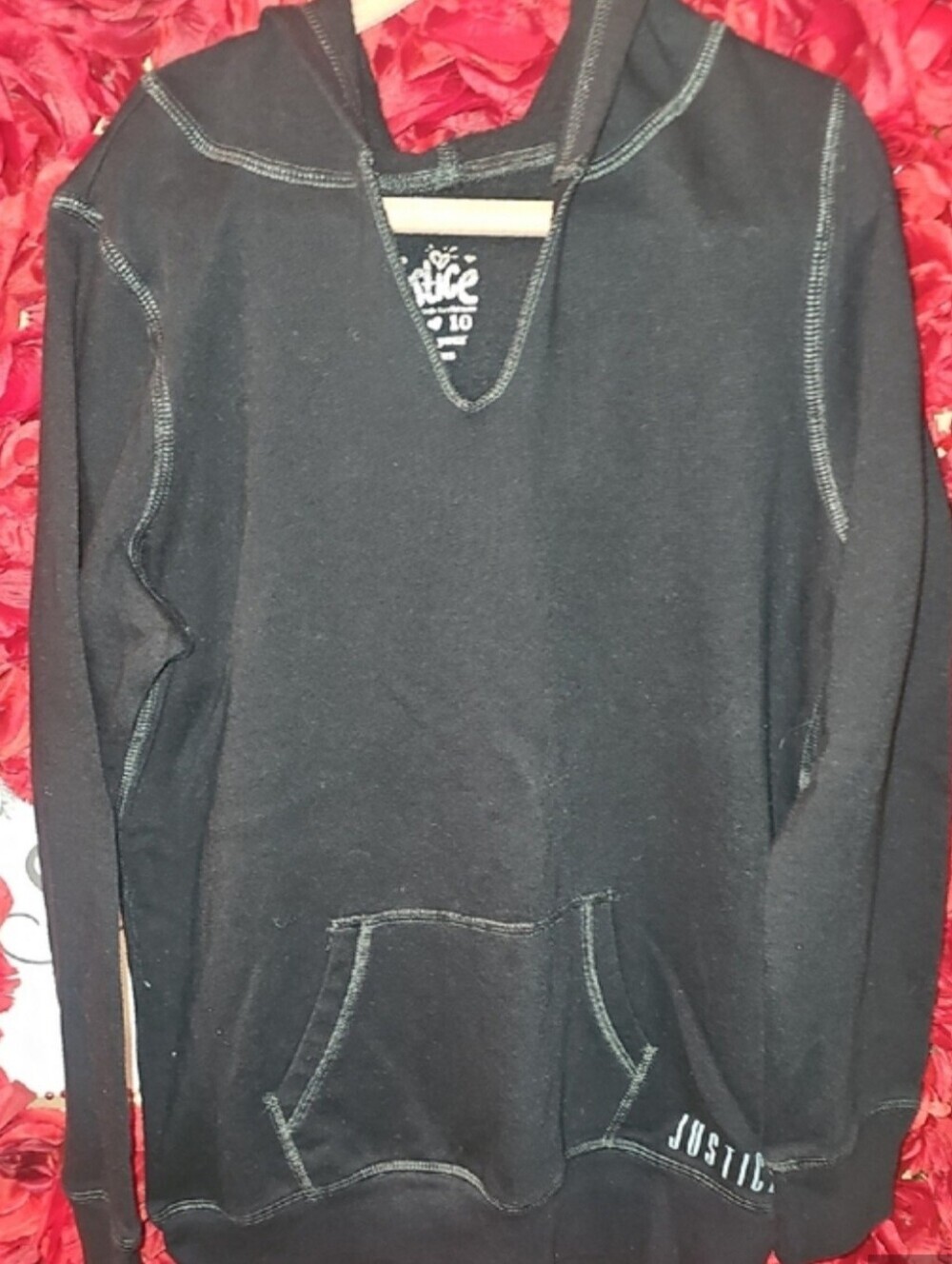 Justice Girls Fleece Lined Black Hoodie with Contrast Stitching Size 10